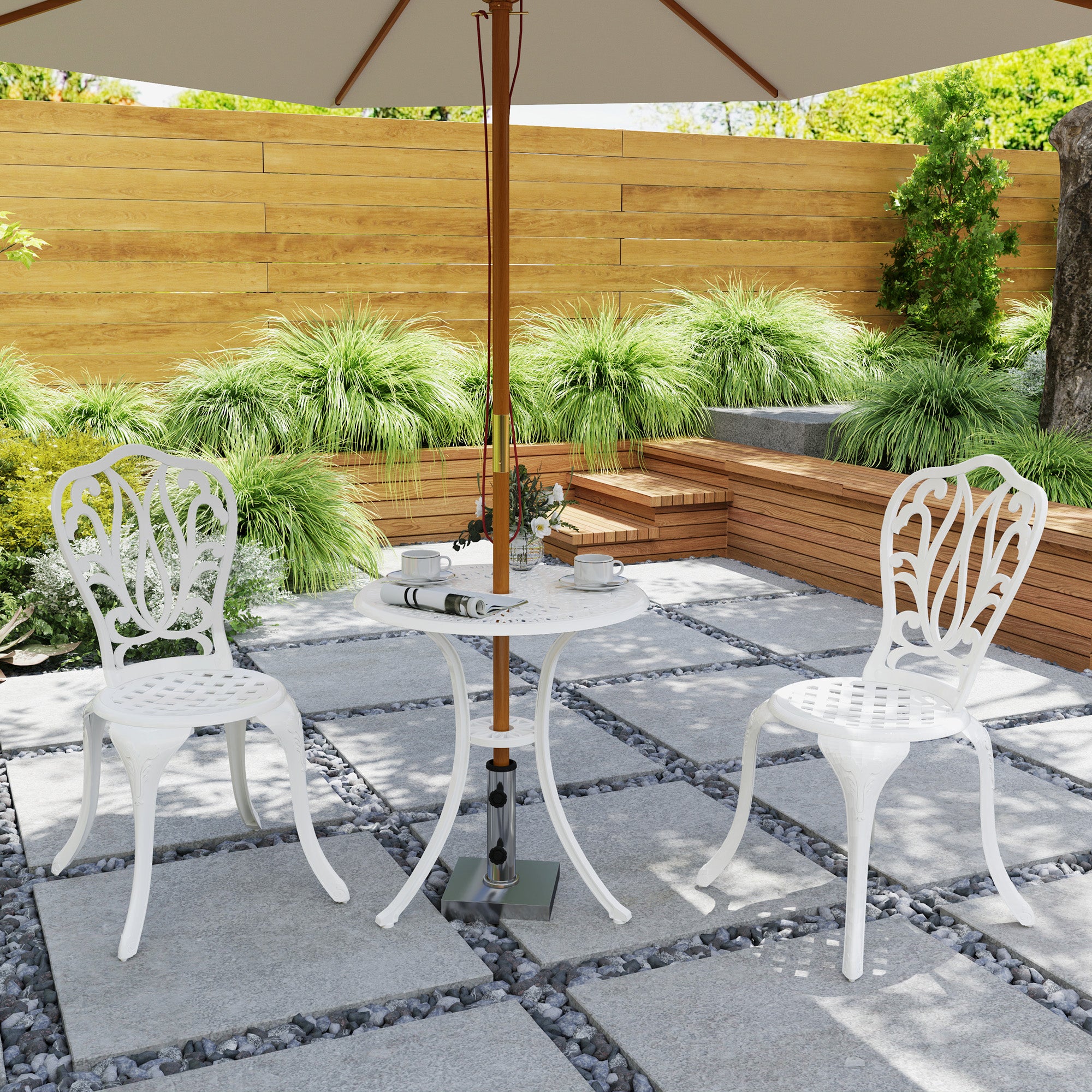 3 piece patio set wuth umbrella hole under Outsunny 3 Piece Modern Garden Bistro Set with Umbrella Hole & Aluminium Frame for Balcony, Patio, White