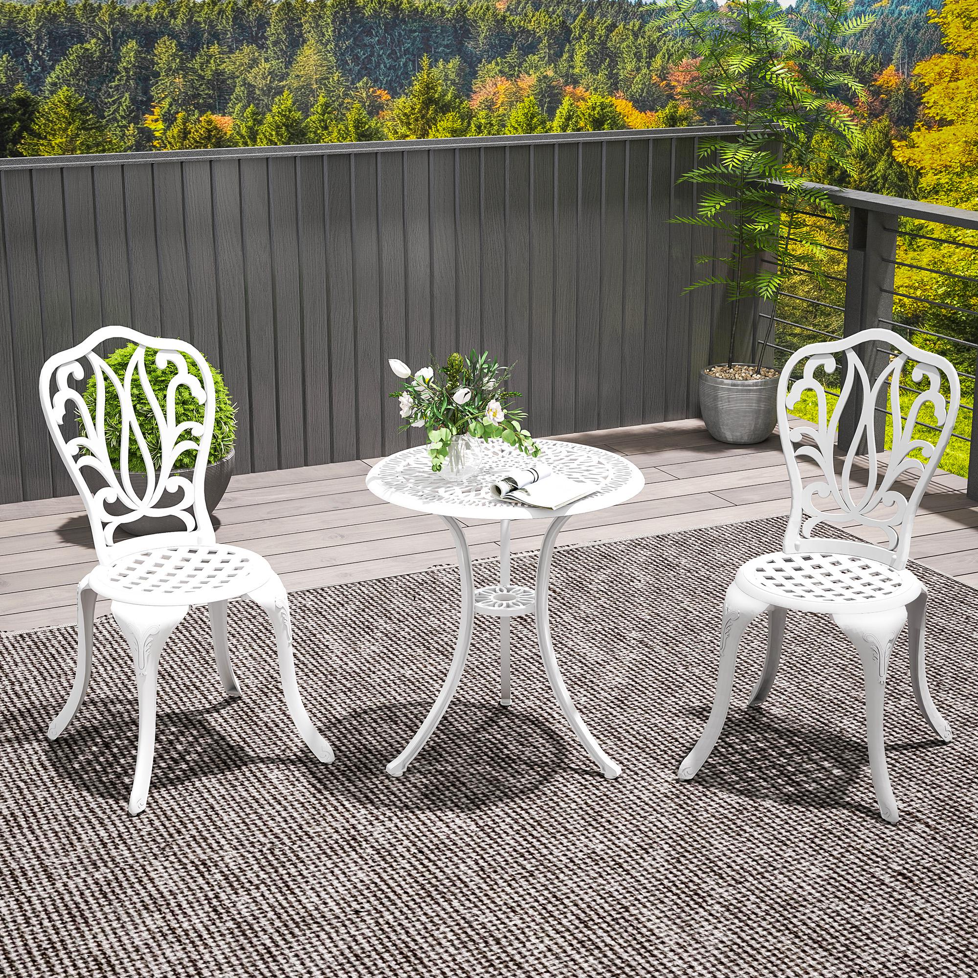 balcony patio set 3pc umbrella Outsunny 3 Piece Modern Garden Bistro Set with Umbrella Hole & Aluminium Frame for Balcony, Patio, White