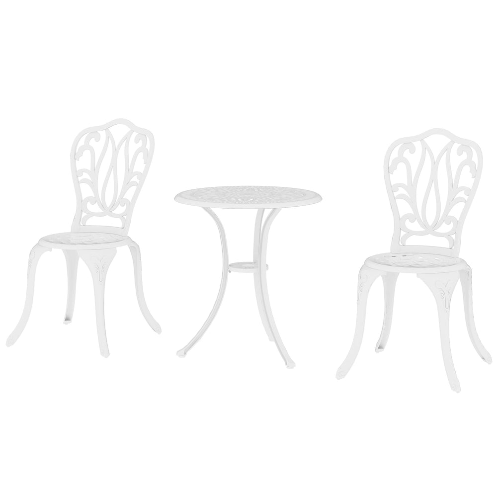 3 Piece Garden Bistro Set, Cast Aluminium Outdoor Furniture Set with Umbrella Hole for Balcony, Porch, Patio, White