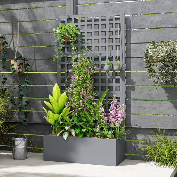 Galvanized Raised Garden Bed with Trellis, 35"x16"x70" Metal Planter Box with Drainage Holes, Outdoor Privacy Screen for Climbing Plant Vegetable Vine, Grey Wood Effect