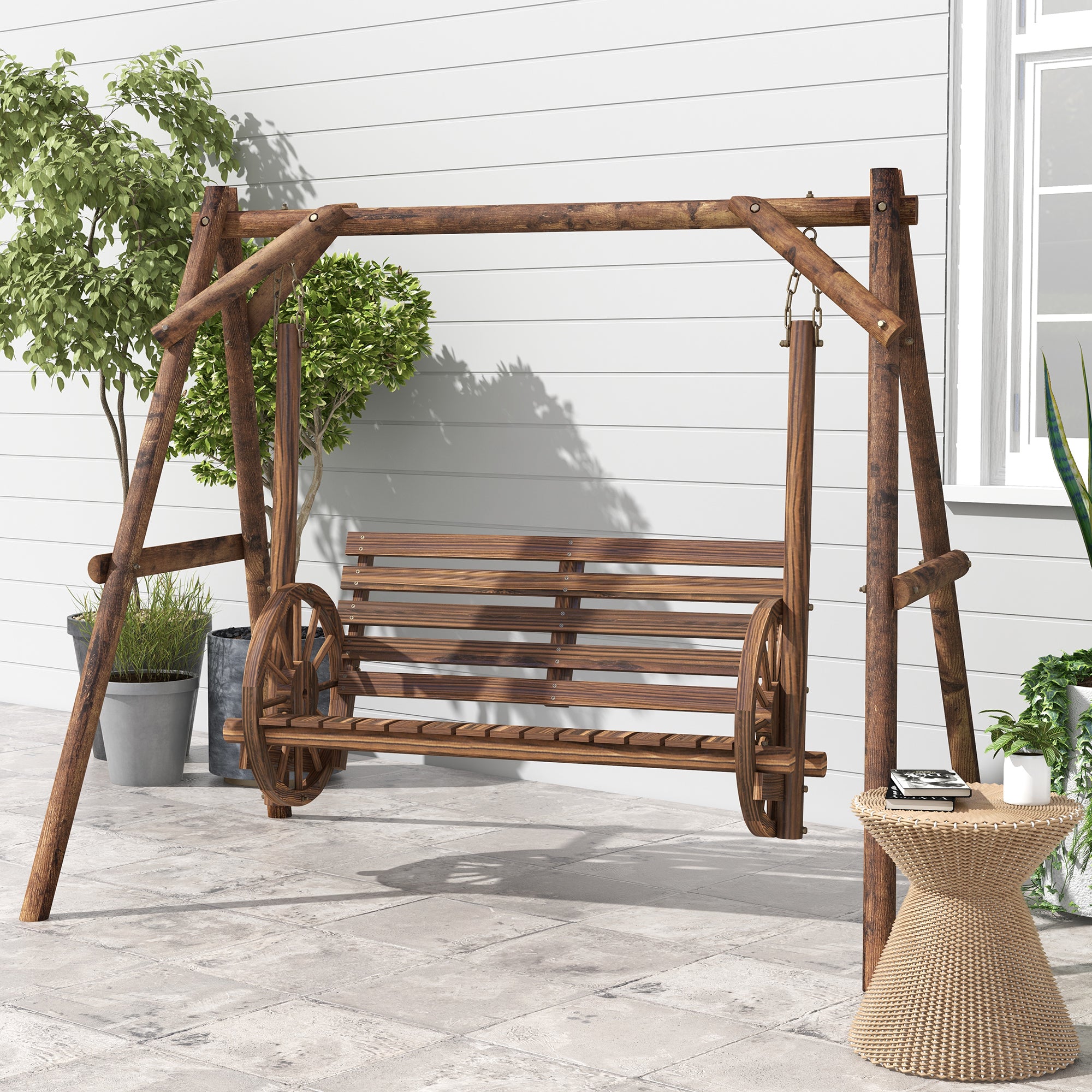 Outsunny 2-Seat Porch Swing, Wooden Log Patio Swing Chair with