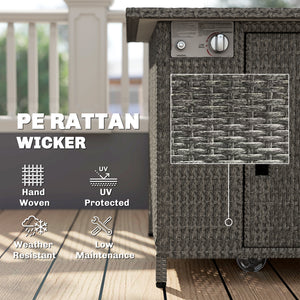 Rattan Gas Fire Pit Table, 14.5 KW Square Smokeless Propane Gas Fire Pit with Rain Cover, Wind Guard, Lid, Spark Guard Mesh, Lava Rocks, Outdoor Garden Coffee Table with Heater, Dark Grey