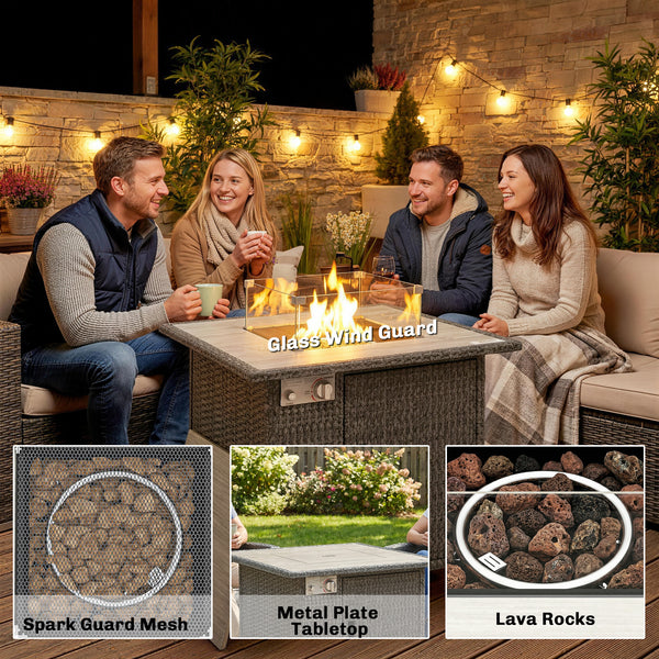 Rattan Gas Fire Pit Table, 14.5 KW Square Smokeless Propane Gas Fire Pit with Rain Cover, Wind Guard, Lid, Spark Guard Mesh, Lava Rocks, Outdoor Garden Coffee Table with Heater, Dark Grey