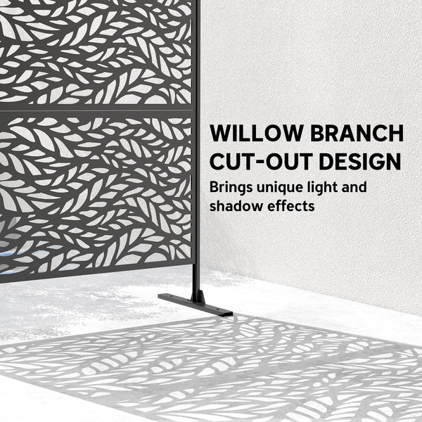 Metal Outdoor Privacy Screen, 78" x 48" Freestanding Outdoor Divider with Stand, Decorative Privacy Panel with Willow Branch Cut-out Design for Garden Backyard, Black