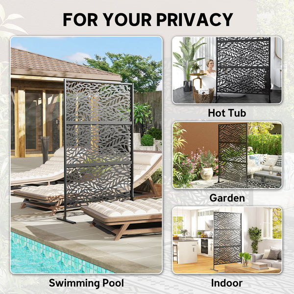 Metal Outdoor Privacy Screen, 78" x 48" Freestanding Outdoor Divider with Stand, Decorative Privacy Panel with Willow Branch Cut-out Design for Garden Backyard, Black