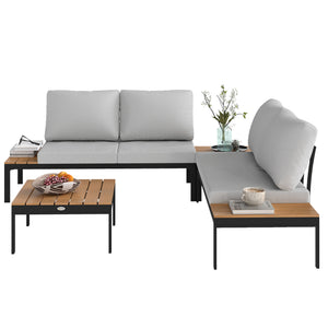 4 Piece L Shaped Garden Furniture Set, 4 Seater Outdoor Corner Garden Set, 2 Loveseats with Removable Backs, 2 Wood-Plastic Coffee Tables and Thick Cushions, Teak