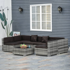 Outsunny 7-Piece Patio Furniture Set, Outdoor Wicker Conversation Set, All Weather PE Rattan Sectional Sofa Set with Cushions and Tempered Glass Top Coffee Table, Pillows, Charcoal