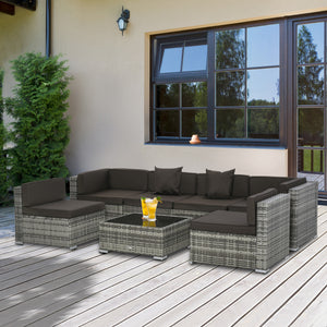 Outsunny 7-Piece Patio Furniture Set, Outdoor Wicker Conversation Set, All Weather PE Rattan Sectional Sofa Set with Cushions and Tempered Glass Top Coffee Table, Pillows, Charcoal