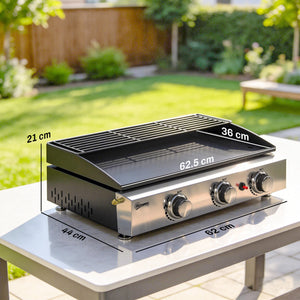 3 Burner Grill Griddle, Portable Gas Plancha with Warming Rack, 7.5 kW, Tabletop Gas BBQ with Grease Cup for Camping Picnic Patios, Black