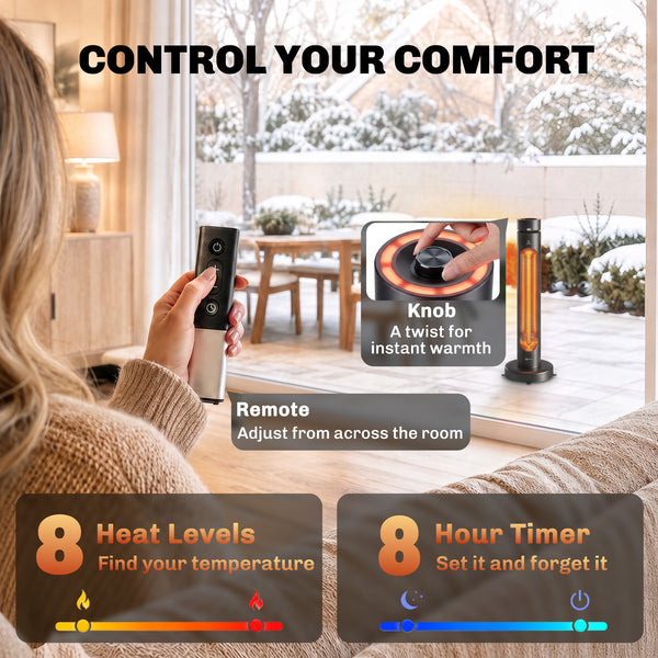 2000 W Electric Infrared Patio Heater, Free Standing Oscillating Outdoor Garden Heater with Knob/Remote Control, 8 Heat Settings, 8H Timer, IP45, Tip-over Protection, Black