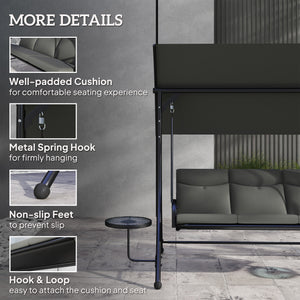 3 Seater Garden Swing Seat Swing Chair with Adjustable Canopy, Removable Cushion and Coffee Tables for Outdoor Patio Garden Dark Grey