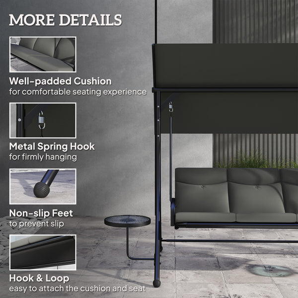 3 Seater Garden Swing Seat Swing Chair with Adjustable Canopy, Removable Cushion and Coffee Tables for Outdoor Patio Garden Dark Grey