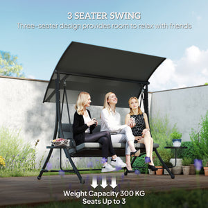3 Seater Garden Swing Seat Swing Chair with Adjustable Canopy, Removable Cushion and Coffee Tables for Outdoor Patio Garden Dark Grey