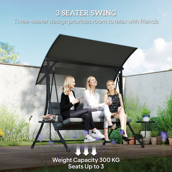 3 Seater Garden Swing Seat Swing Chair with Adjustable Canopy, Removable Cushion and Coffee Tables for Outdoor Patio Garden Dark Grey