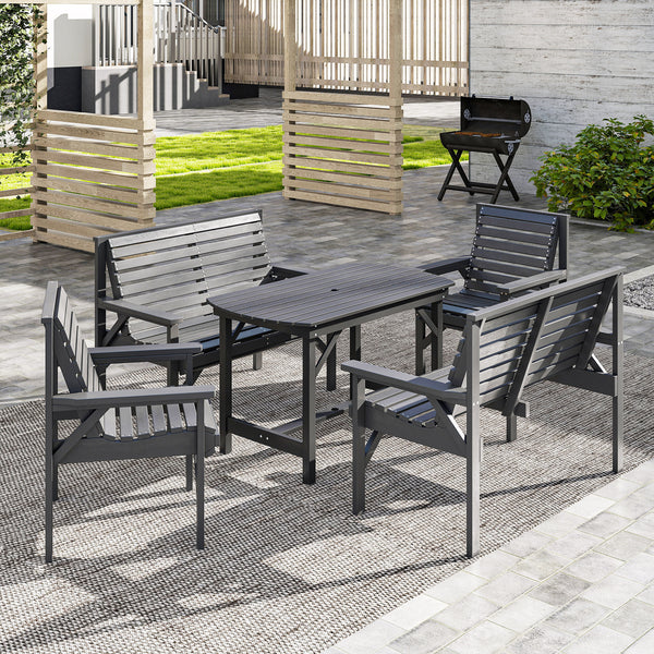 5 Piece Wooden Garden Dining Set for 6, Outdoor Conversation Set with 2 Armchairs, 2 Loveseats and Dining Table with Umbrella Hole for Patio, Balcony, Grey