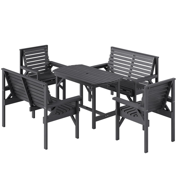 5 Piece Wooden Garden Dining Set for 6, Outdoor Conversation Set with 2 Armchairs, 2 Loveseats and Dining Table with Umbrella Hole for Patio, Balcony, Grey