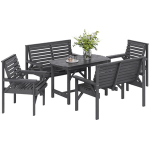 5 Piece Wooden Garden Dining Set for 6, Outdoor Conversation Set with 2 Armchairs, 2 Loveseats and Dining Table with Umbrella Hole for Patio, Balcony, Grey