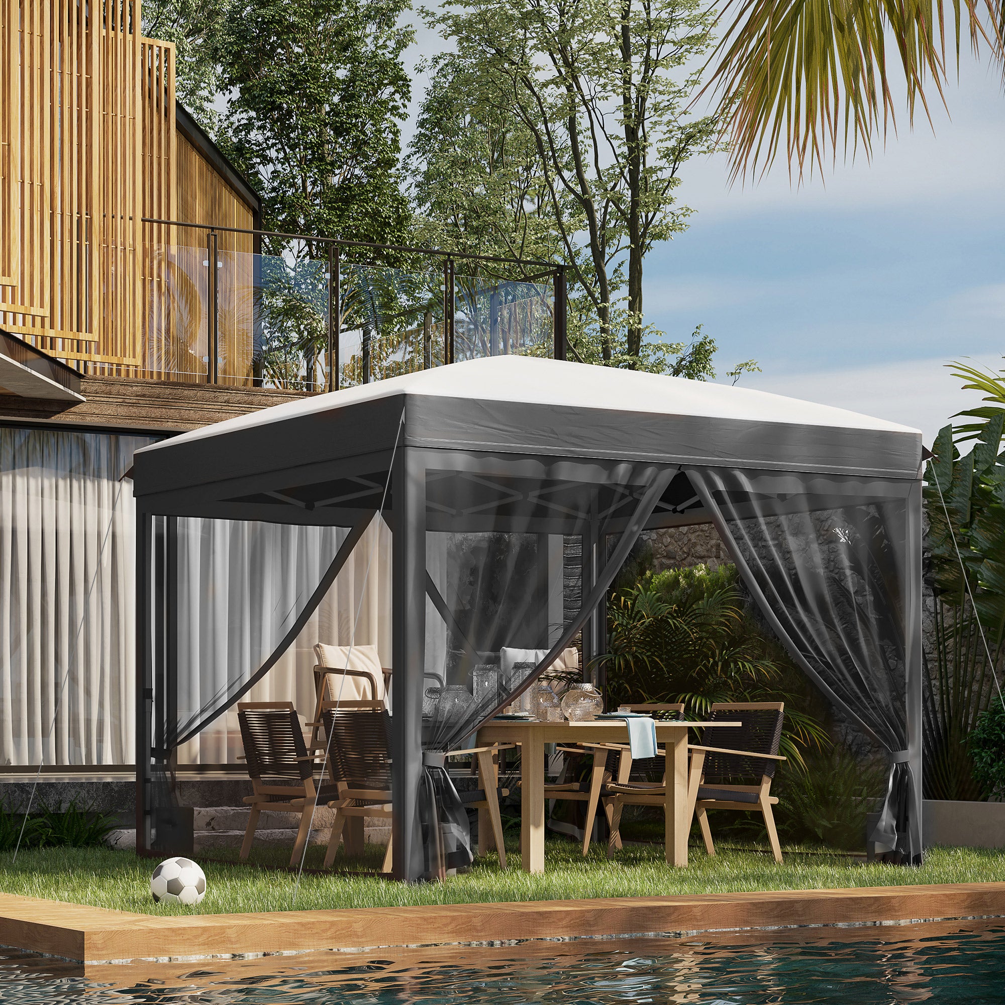tent canopy Outsunny 10' x 10' Pop Up Canopy Tent Foldable Gazebo with Netting, Wheeled Carry Bag and Sand Bags, Gray
