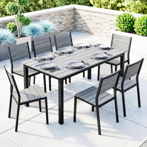 Garden Dining Table for 6-8 Person, 180 x 86 cm Rectangular Outdoor Dining Table with Wood Slatted Top and Steel Frame, All Weather Patio Furniture for Balcony, Porch, Grey