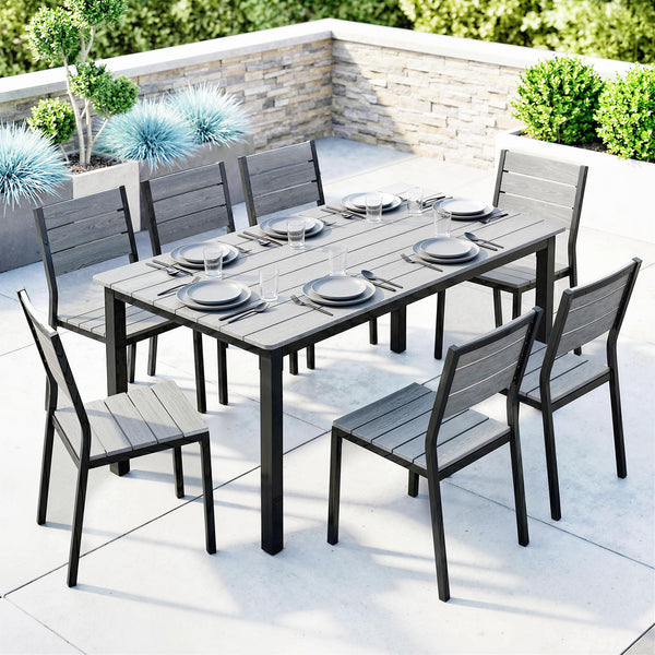 Garden Dining Table for 6-8 Person, 180 x 86 cm Rectangular Outdoor Dining Table with Wood Slatted Top and Steel Frame, All Weather Patio Furniture for Balcony, Porch, Grey