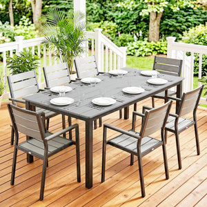 Garden Dining Table for 6-8 Person, 180 x 86 cm Rectangular Outdoor Dining Table with Wood Slatted Top and Steel Frame, All Weather Patio Furniture for Balcony, Porch, Grey