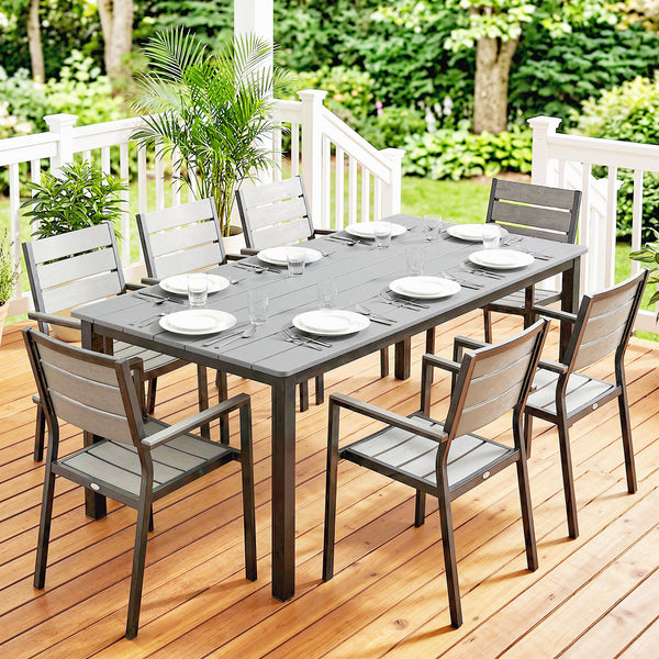 Garden Dining Table for 6-8 Person, 180 x 86 cm Rectangular Outdoor Dining Table with Wood Slatted Top and Steel Frame, All Weather Patio Furniture for Balcony, Porch, Grey