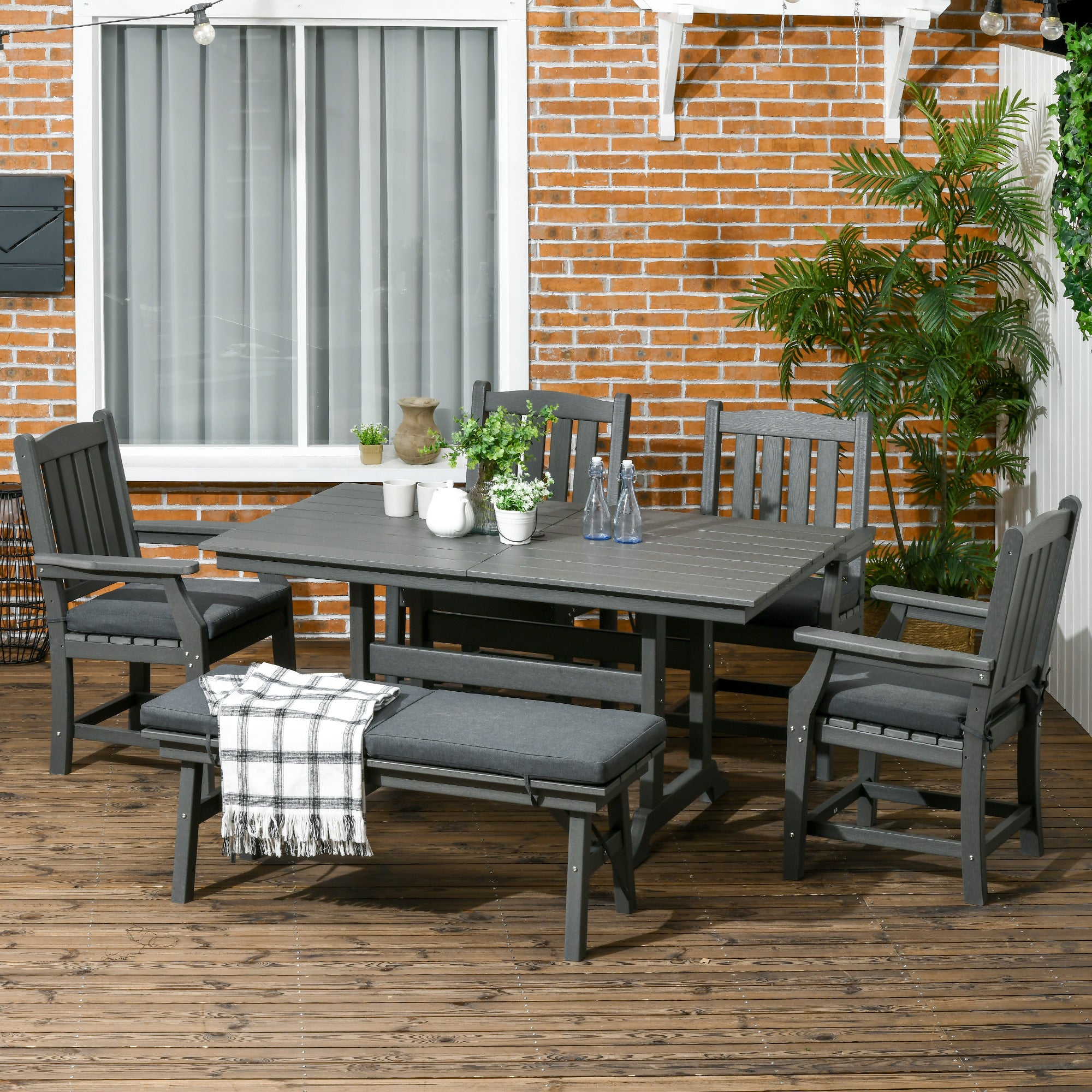 6-Seater Outdoor Dining Set with Loveseat, Umbrella Hole & Cushioned Seating, Dark Gray