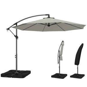 3 m Cantilever Parasol with Umbrella Weights, Cross Base, Offset Outdoor Umbrella with Protective Cover, Crank Handle, Hanging Sun Shade, Light Grey