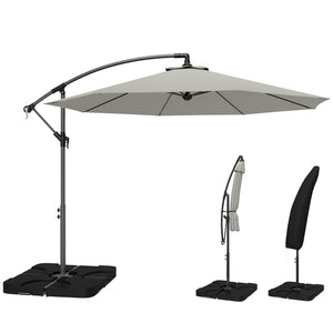 3 m Cantilever Parasol with Umbrella Weights, Cross Base, Offset Outdoor Umbrella with Protective Cover, Crank Handle, Hanging Sun Shade, Light Grey
