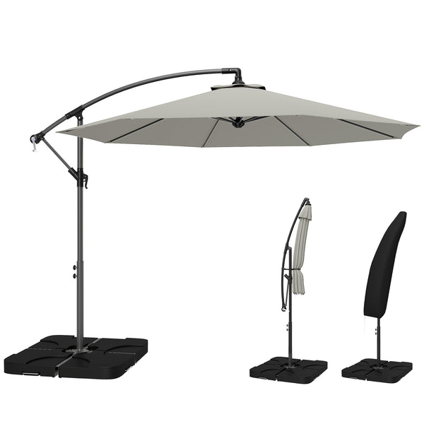 3 m Cantilever Parasol with Umbrella Weights, Cross Base, Offset Outdoor Umbrella with Protective Cover, Crank Handle, Hanging Sun Shade, Light Grey