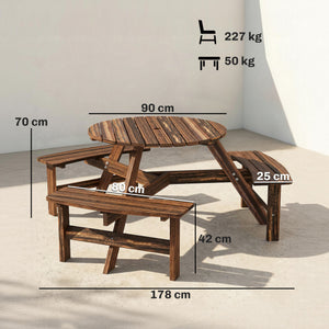 Wooden Garden Dining Set, 6 Seater Round Dining Picnic Table with Matching Bench, Garden Furniture Set with Parasol Hole for Outdoor Patio Party and Family Gatherings, Carbonized