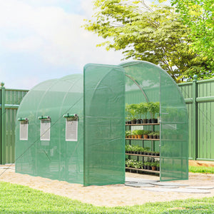 7' x 10' Walk-in Polytunnel Greenhouse with Hinged Door and 6 Roll Up Mesh Windows, Garden Tunnel Warm House Tent with UV-resistant PE Cover, Galvanised Steel Frame, Green