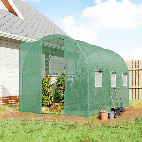 7' x 10' Walk-in Polytunnel Greenhouse with Hinged Door and 6 Roll Up Mesh Windows, Garden Tunnel Warm House Tent with UV-resistant PE Cover, Galvanised Steel Frame, Green