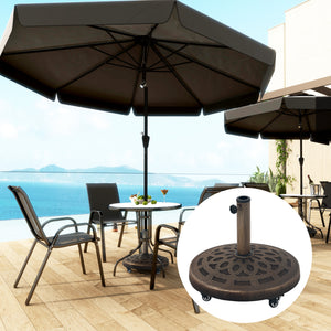 Round Patio Umbrella Base with Wheels, 46 lbs Resin Umbrella Stand Base, Heavy Duty Patio Umbrella Holder for 1.3"/1.5"/1.9" Umbrella Poles for Outdoor, Lawn, Poolside, Bronze