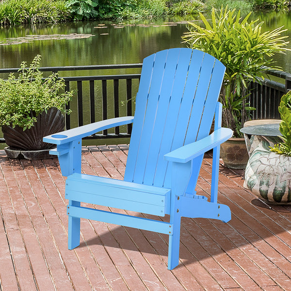 Outsunny Wooden Adirondack Chair, Outdoor Patio Lawn Chair with Cup Holder, Weather Resistant Lawn Furniture, Classic Lounge for Deck, Garden, Backyard, Fire Pit, Blue