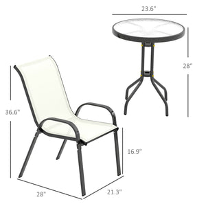 Outsunny 3 Pieces Outdoor Bistro Set, Small Patio Set with Stackable Mesh Chairs and Glass Top Table, High Back Patio Furniture Set for Backyard, Balcony, Garden, Beige