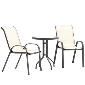 Outsunny 3 Pieces Outdoor Bistro Set, Small Patio Set with Stackable Mesh Chairs and Glass Top Table, High Back Patio Furniture Set for Backyard, Balcony, Garden, Beige