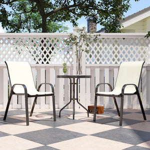 Outsunny 3 Pieces Outdoor Bistro Set, Small Patio Set with Stackable Mesh Chairs and Glass Top Table, High Back Patio Furniture Set for Backyard, Balcony, Garden, Beige