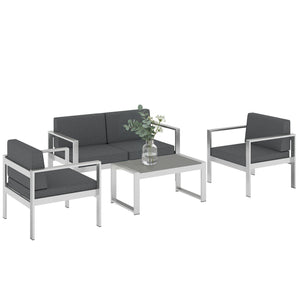 4 Seater Aluminium Garden Furniture Set, Olefin Cushions, Extra Wide Deep Garden Sofa Set with Loveseat, 2 Chairs, Faux Wood Table, Brushed Outdoor Furniture Conversation Sets, Dark Grey