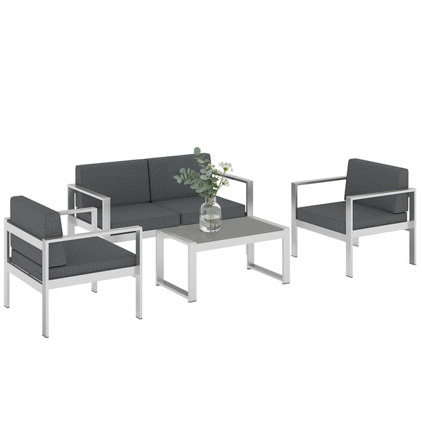 4 Seater Aluminium Garden Furniture Set, Olefin Cushions, Extra Wide Deep Garden Sofa Set with Loveseat, 2 Chairs, Faux Wood Table, Brushed Outdoor Furniture Conversation Sets, Dark Grey