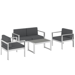 4 Seater Aluminium Garden Furniture Set, Olefin Cushions, Extra Wide Deep Garden Sofa Set with Loveseat, 2 Chairs, Faux Wood Table, Brushed Outdoor Furniture Conversation Sets, Dark Grey