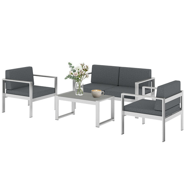 4 Seater Aluminium Garden Furniture Set, Olefin Cushions, Extra Wide Deep Garden Sofa Set with Loveseat, 2 Chairs, Faux Wood Table, Brushed Outdoor Furniture Conversation Sets, Dark Grey