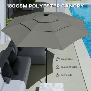 3 m Garden Parasol, Parasol Umbrella with 3-tier Roof, Crank Handle, Tilt Function, Polyester Canopy, Outdoor Table Umbrella for Patio, Garden, Grey
