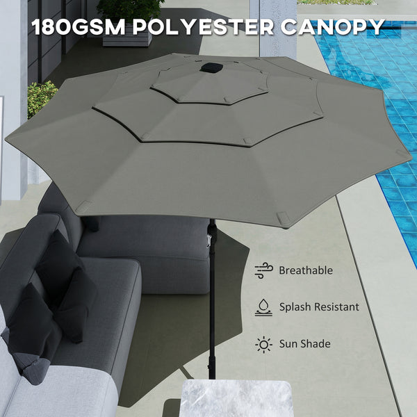 3 m Garden Parasol, Parasol Umbrella with 3-tier Roof, Crank Handle, Tilt Function, Polyester Canopy, Outdoor Table Umbrella for Patio, Garden, Grey