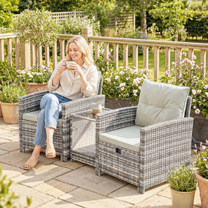 5 Piece Patio Furniture Set, Wicker Patio Chairs with Ottomans, 2-Tier Glass Coffee Table, Cushions, Outdoor Patio Furniture Conversation Set for Balcony, Grey/Cream White