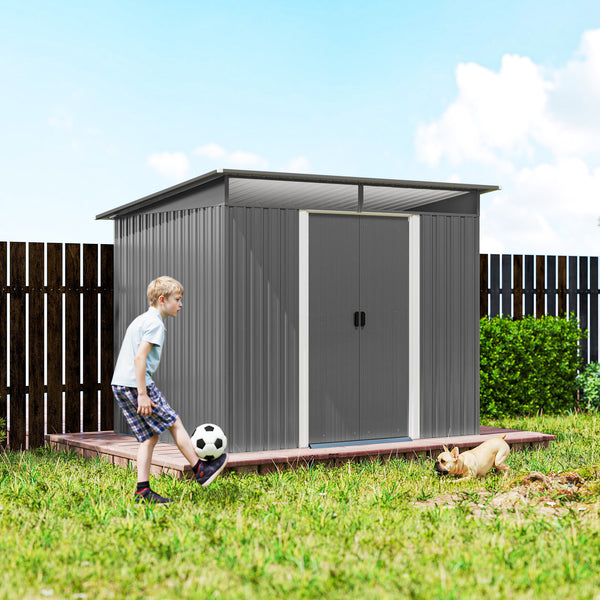 9ft x 6.5ft Metal Shed with Lightsky Panels, Garden Storage Tool House with Double Doors for Garden, Patio and Lawn, Light Grey
