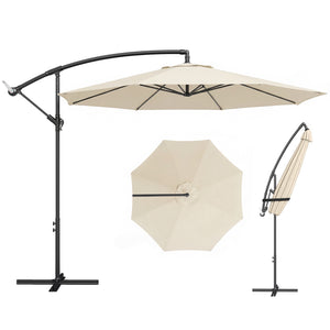 3(m) Garden Banana Parasol Hanging Cantilever Umbrella with Crank Handle, 8 Ribs and Cross Base for Outdoor, Sun Shade, Cream White