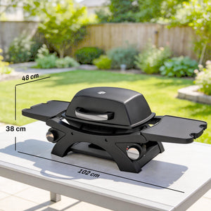 2 Burner Gas Grill with 2 Detachable Side Tables, 3.8 KW Steel Barbecue Grill with Cast Iron Grates, Tabletop BBQ with Lid, Thermometer, Grease Tray, 4 Hooks, Black