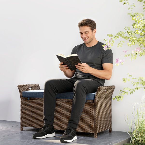 2-In-1 Patio Wicker Storage Bench, 29 Gallon Outdoor PE Rattan Patio Furniture, Large Capacity Rectangle Basket Box with Handles and Cushion, Navy Blue