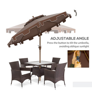 Outsunny 9' Patio Umbrella with Push Button Tilt and Crank, Double Top Ruffled Outdoor Market Table Umbrella with 8 Ribs, for Garden, Deck, Pool, Brown